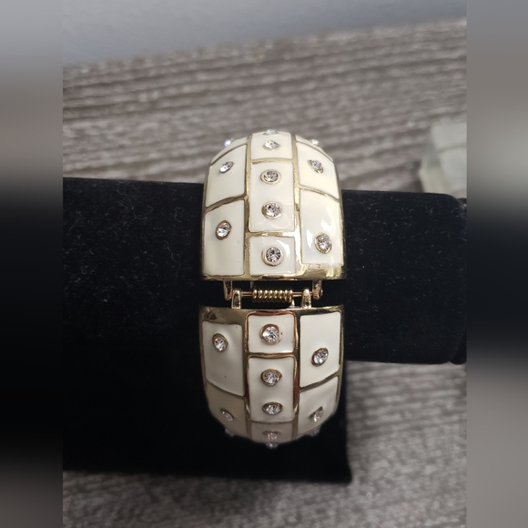 Cream Enamel Gold Tone and Rhinestone Hinged Bangle Bracelet - Picture 2 of 5